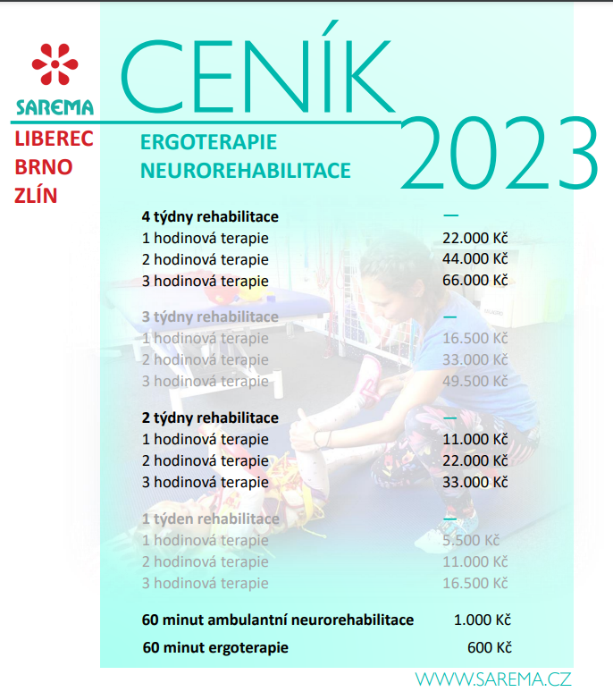 Ceník ergoterapie a neurorehabilitace 2023 v centrech Sarema Liberec, Brno a Zlín