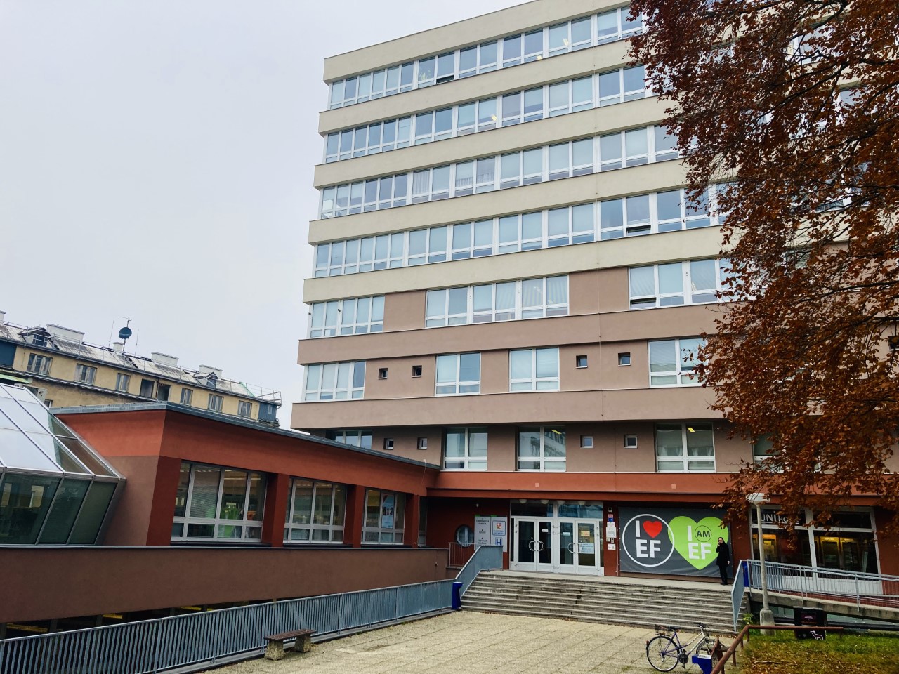 Budova H Ekonomické fakulty Technické univerzity v Liberci, vstupní schodiště s nápisy „I ♥ EF“ a „I am EF“ u hlavního vchodu