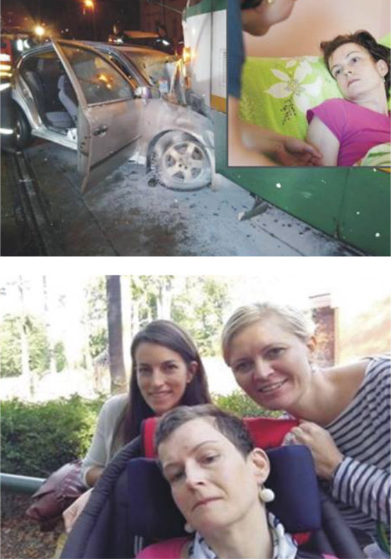 Koláž tří fotografií: havarované auto po nehodě, žena ležící na lůžku a žena na invalidním vozíku s dvěma dalšími ženami venku
