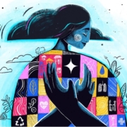 Ilustrace ženy objímající sama sebe, s vlasy splývajícími jako mrak a tělem tvořeným z barevných symbolů zdraví, přírody, rodiny a udržitelnosti.
