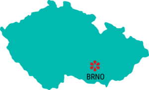 Silueta České republiky s označením města Brno a logem rehabilitačního centra Sarema.
