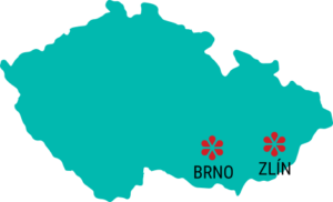 Silueta České republiky s označením města Brno a Zlín logem rehabilitačního centra Sarema.