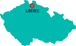 Silueta České republiky s označením města Liberec logem rehabilitačního centra Sarema.