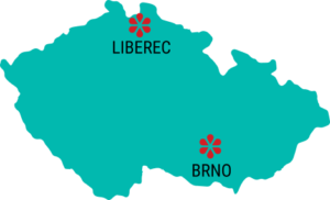 Silueta České republiky s označením města Brno a Liberec logem rehabilitačního centra Sarema.