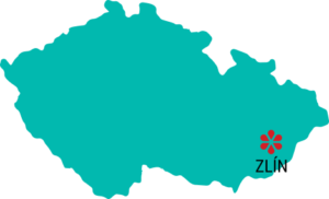 Silueta České republiky s označením města Zlín logem rehabilitačního centra Sarema.