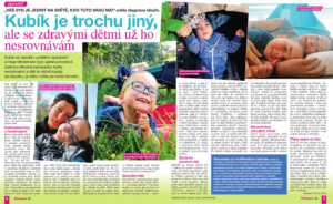 Koláž fotek Kubíka s maminkou při hře, odpočinku i terapii, doplněná textem o jejich životním příběhu