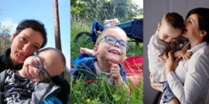 Maminka a chlapec s brýlemi na procházce, v trávě i v náručí, společné chvíle plné radosti a blízkosti.