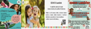 Pozvánka na EDUCO Lanáček s veselou fotografií dvou dívek, , obrázkem opiček a textem o programu a QR kódem