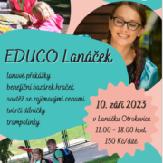 Pozvánka na benefiční akci EDUCO Lanáček v Otrokovicích s fotkami dětí a programem plným her, soutěží a dílniček