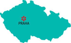 Slepá mapa České republiky s vyznačeným městem Praha logem centra Sarema