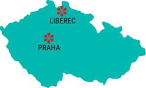Slepá mapa České republiky s vyznačenými městy Praha a Liberec logem centra Sarema