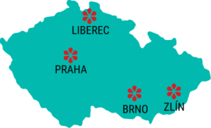 Slepá mapa České republiky s vyznačenými městy Praha, Liberec, Zlín a Brno logem centra Sarema