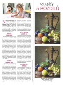 Stránka časopisu s článkem o speciální pedagogice a dvěma obrázky hry „Najděte 5 rozdílů“ s obrazem s ovocem a konvicí.