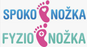 Modrý nápis spoko růžový otisk nohy se srdcem na chodidle, za kterým je nápis nožka. Pod ním to samé se zeleným nápisem.