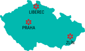 Slepá mapa České republiky s vyznačenými městy Praha, Liberec a Zlín logem centra Sarema