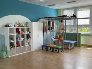 Světlá místnost s modrou stěnou, regálem plným hraček a rehabilitační klecí se sedátky a lehátkem.