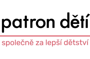 Černý nápis patron dětí, pod ním červená čára a pod ní červený text společně za lepší dětství - logo.