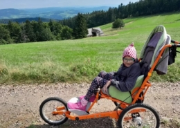 Dítě na speciálním terénním vozíku během procházky v přírodě